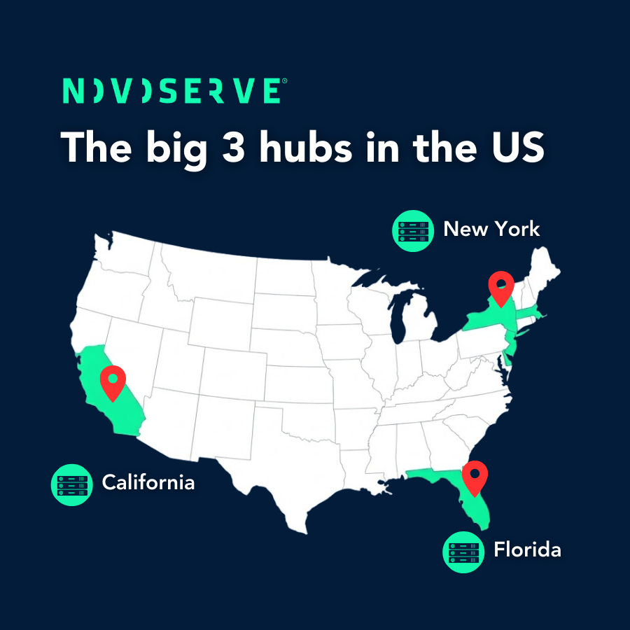 A map showing the US hosting big three hubs