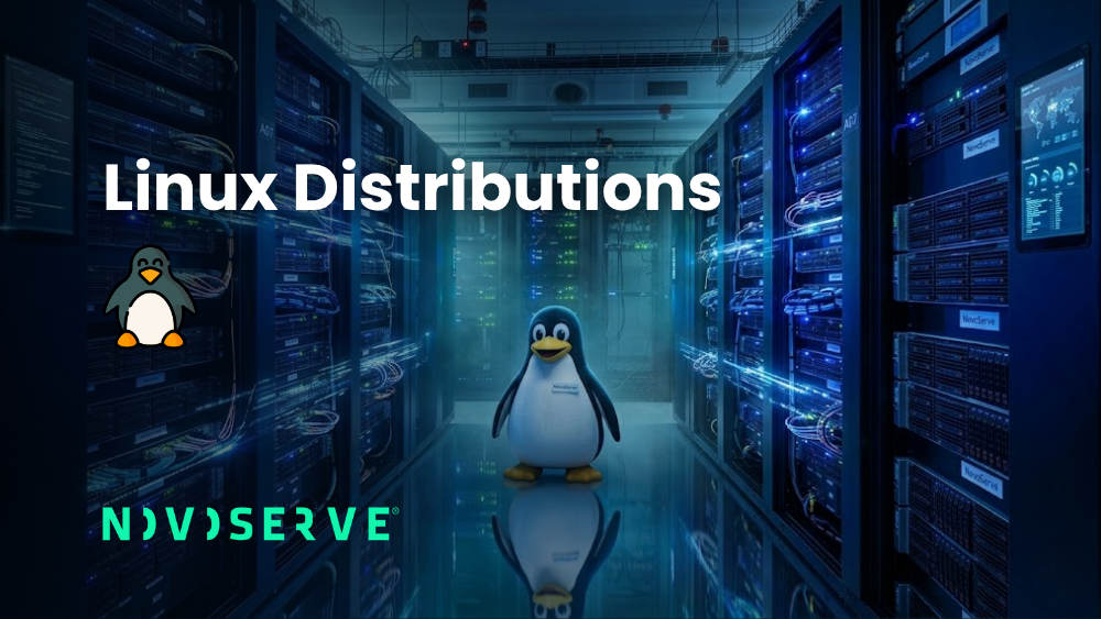 Een Linux-pinguïn wandelt tussen datacenters met dedicated servers
