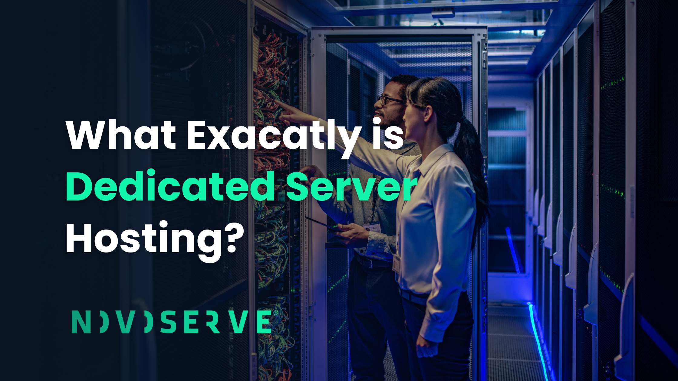 2 data center specialists walking among dedicated servers